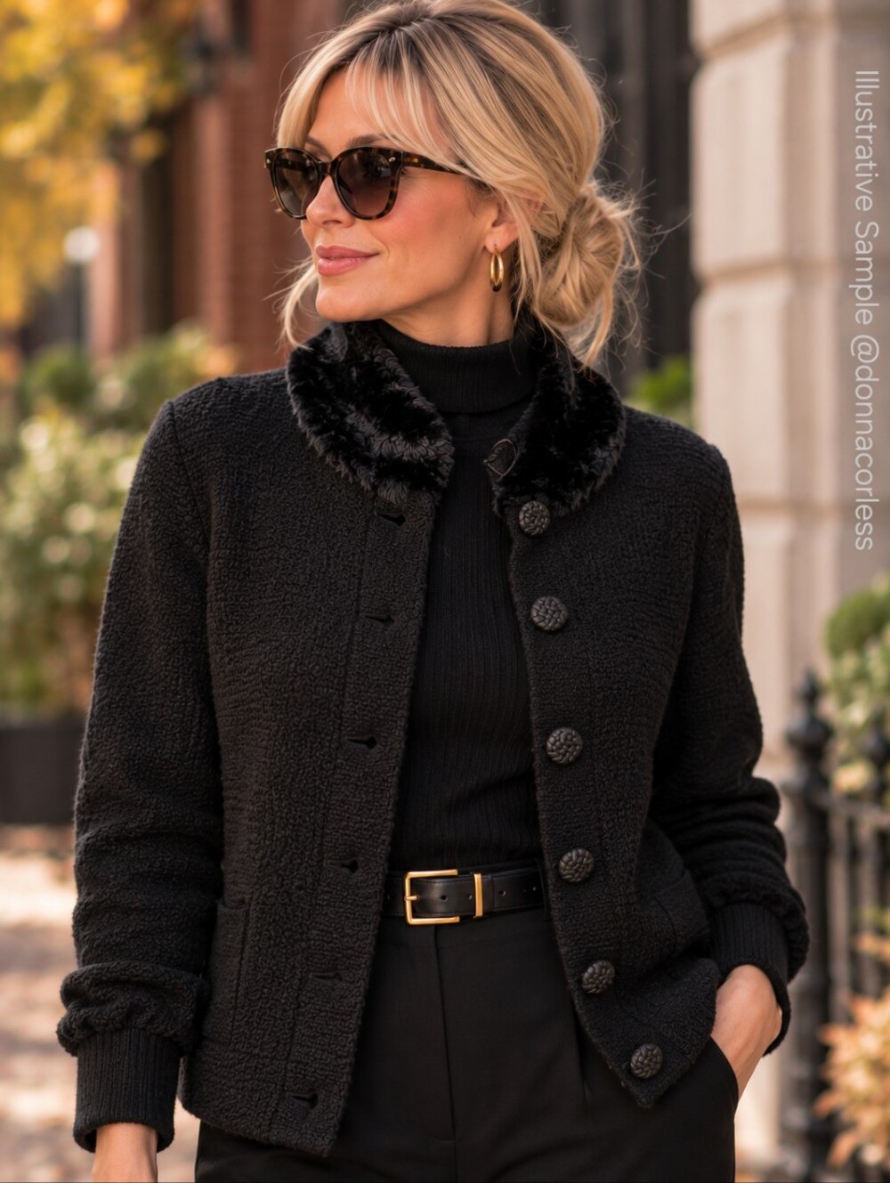 Lauren Ralph Lauren 100% Lambswool Black Faux Fur Collar Cardigan Sweater M